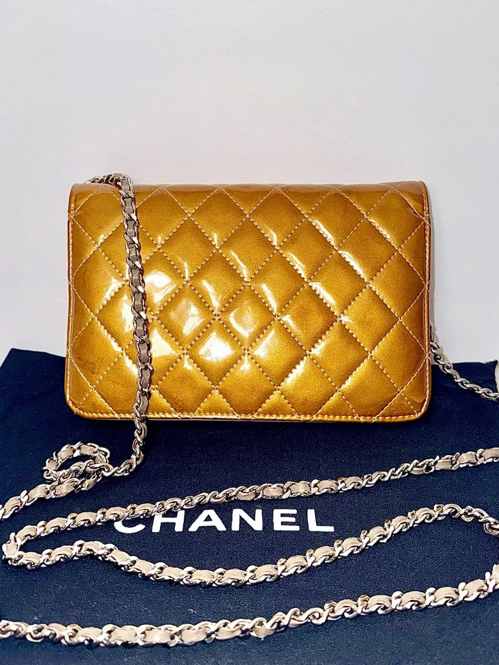 CHANEL Metallic champagne Patent Quilted WOC Silver Hardware RARE Color